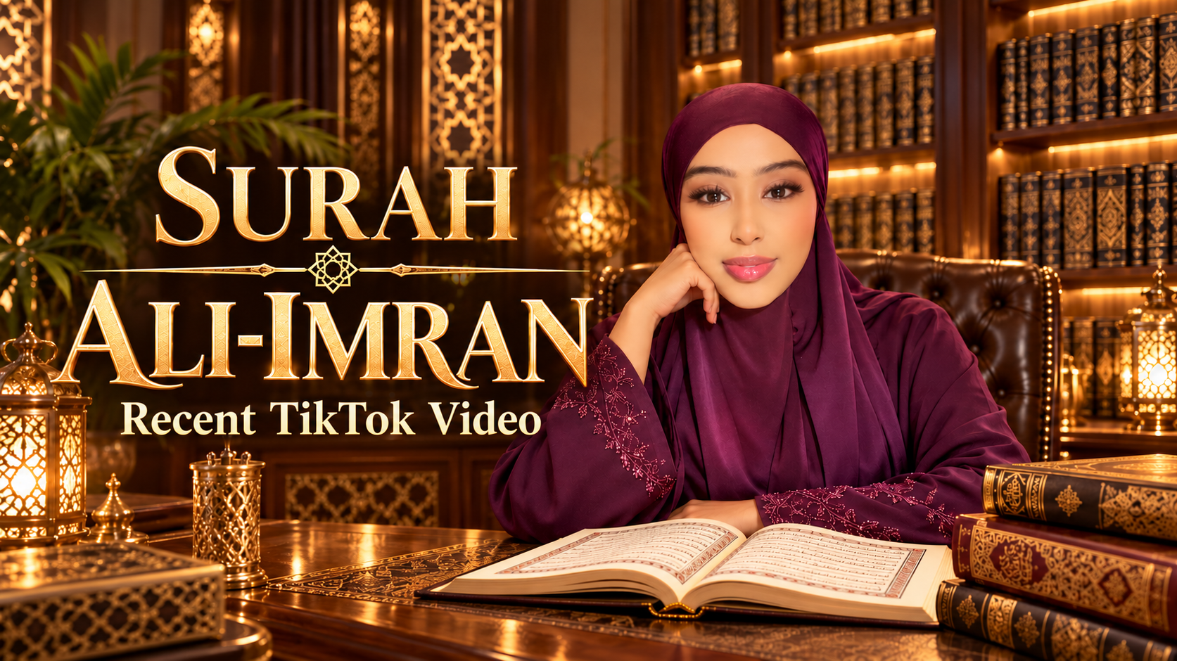 Amal Maow seated at a wooden desk with an open Quran, beside the words Surah Ali-Imran and Recent TikTok Video
